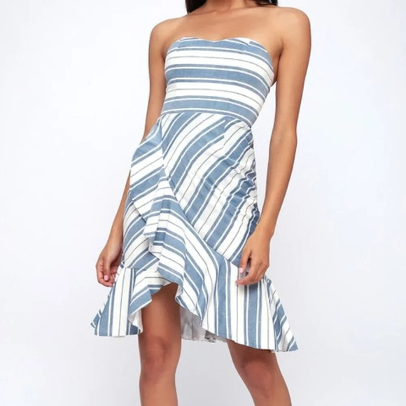 Lulus Delfino Blue and White Striped Ruffled Strapless Midi Dress Size S - Picture 1 of 9